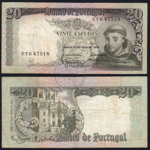 20 Escudos Banknote 1964 Saint Anthony, 20$00 26/05/1964 Plate: 7 - Bank of Portugal (Circulated), Pick 167