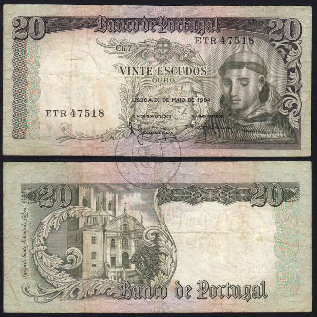 20 Escudos Banknote 1964 Saint Anthony, 20$00 26/05/1964 Plate: 7 - Bank of Portugal (Circulated), Pick 167