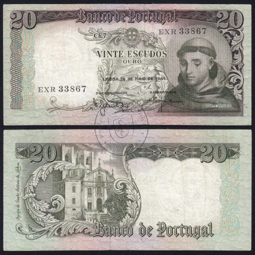 Nota de 20 Escudos 1964 Santo António, 20$00 26/05/1964 Chapa: 7 - Banco de Portugal (Circulada), Pick 167