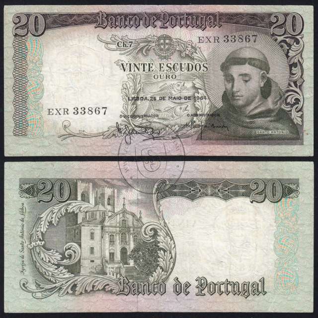 20 Escudos Banknote 1964 Saint Anthony, 20$00 26/05/1964 Plate: 7 - Bank of Portugal (Circulated), Pick 167