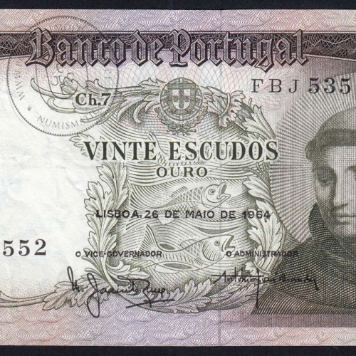 Nota de 20 Escudos 1964 Santo António, 20$00 26/05/1964 Chapa: 7 - Banco de Portugal (Circulada), Pick 167