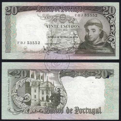 20 Escudos Banknote 1964 Saint Anthony, 20$00 26/05/1964 Plate: 7 - Bank of Portugal (Circulated), Pick 167