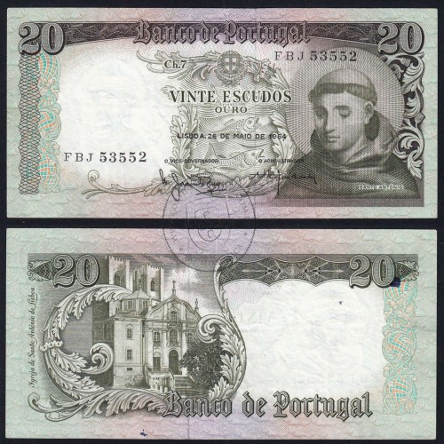 Nota de 20 Escudos 1964 Santo António, 20$00 26/05/1964 Chapa: 7 - Banco de Portugal (Circulada), Pick 167