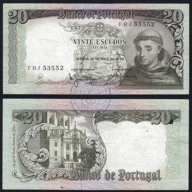 20 Escudos Banknote 1964 Saint Anthony, 20$00 26/05/1964 Plate: 7 - Bank of Portugal (Circulated), Pick 167