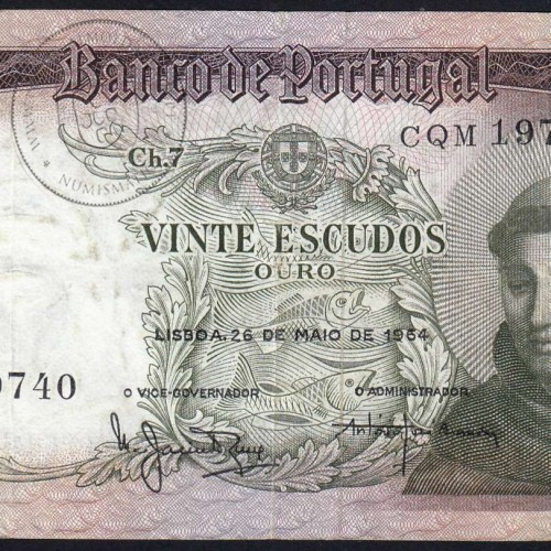 Nota de 20 Escudos 1964 Santo António, 20$00 26/05/1964 Chapa: 7 - Banco de Portugal (Circulada), Pick 167