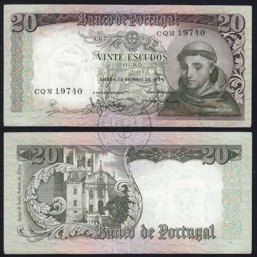 20 Escudos Banknote 1964 Saint Anthony, 20$00 26/05/1964 Plate: 7 - Bank of Portugal (Circulated), Pick 167