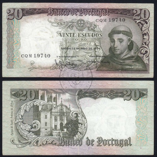 Nota de 20 Escudos 1964 Santo António, 20$00 26/05/1964 Chapa: 7 - Banco de Portugal (Circulada), Pick 167