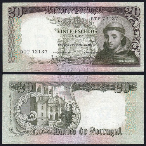 20 Escudos Banknote 1964 Saint Anthony, 20$00 26/05/1964 Plate: 7 - Bank of Portugal (Circulated), Pick 167
