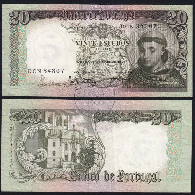 20 Escudos Banknote 1964 Saint Anthony, 20$00 26/05/1964 Plate: 7 - Bank of Portugal (Circulated), Pick 167