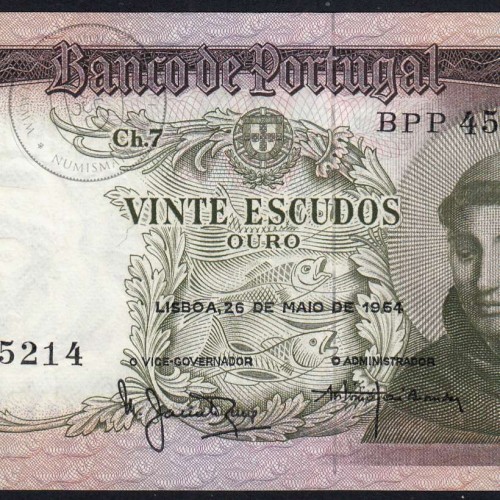 Nota de 20 Escudos 1964 Santo António, 20$00 26/05/1964 Chapa: 7 - Banco de Portugal (Pouco Circulada), Pick 167