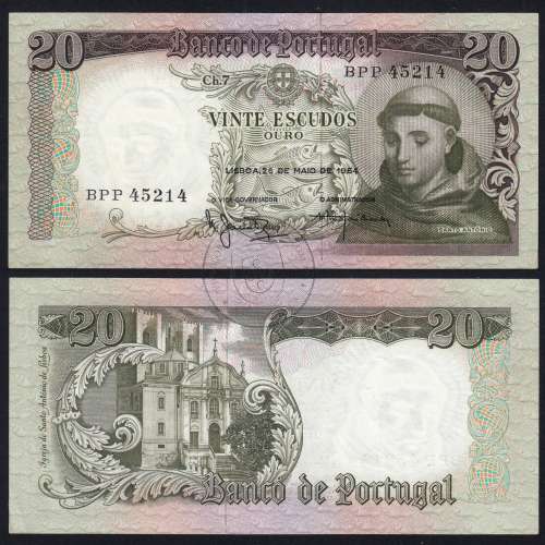 Nota de 20 Escudos 1964 Santo António, 20$00 26/05/1964 Chapa: 7 - Banco de Portugal (Pouco Circulada), Pick 167