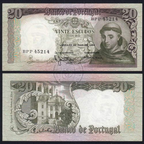 Nota de 20 Escudos 1964 Santo António, 20$00 26/05/1964 Chapa: 7 - Banco de Portugal (Pouco Circulada), Pick 167