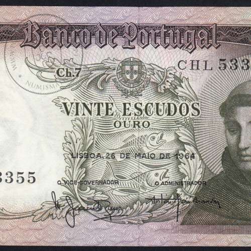 Nota de 20 Escudos 1964 Santo António, 20$00 26/05/1964 Chapa: 7 - Banco de Portugal (Pouco Circulada), Pick 167