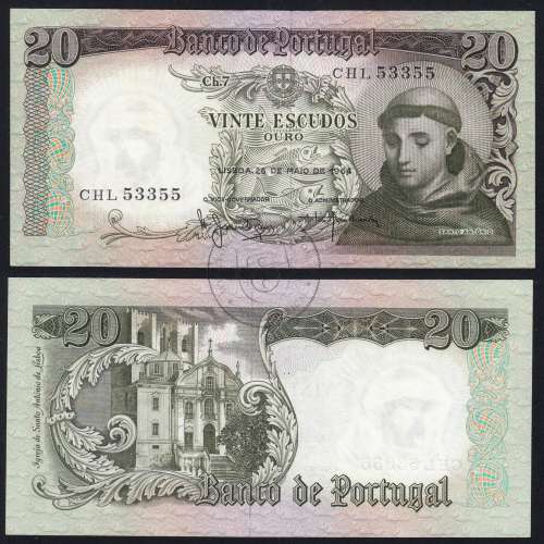 Nota de 20 Escudos 1964 Santo António, 20$00 26/05/1964 Chapa: 7 - Banco de Portugal (Pouco Circulada), Pick 167