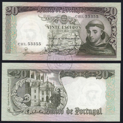 Nota de 20 Escudos 1964 Santo António, 20$00 26/05/1964 Chapa: 7 - Banco de Portugal (Pouco Circulada), Pick 167