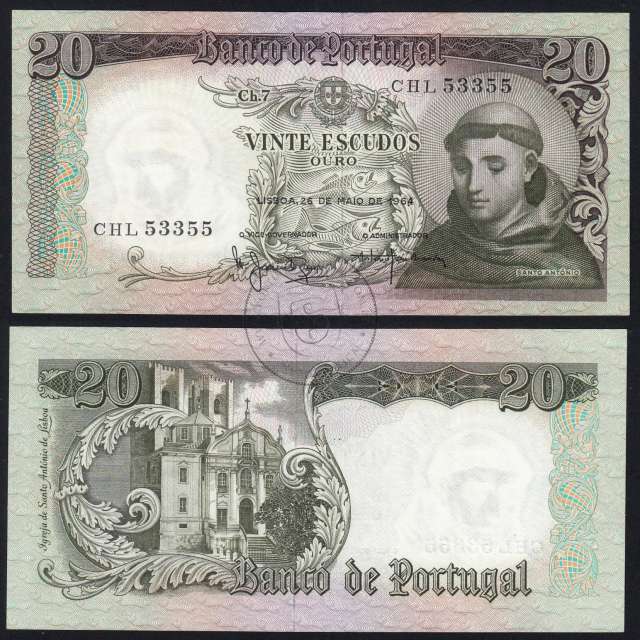 Nota de 20 Escudos 1964 Santo António, 20$00 26/05/1964 Chapa: 7 - Banco de Portugal (Pouco Circulada), Pick 167