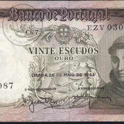 Nota de 20 Escudos 1964 Santo António, 20$00 26/05/1964 Chapa: 7 - Banco de Portugal (Pouco Circulada), Pick 167