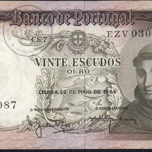Nota de 20 Escudos 1964 Santo António, 20$00 26/05/1964 Chapa: 7 - Banco de Portugal (Pouco Circulada), Pick 167