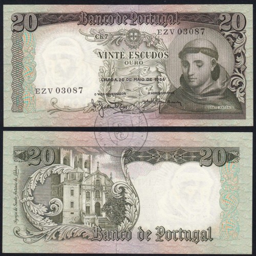 20 Escudos Banknote 1964 Saint Anthony, 20$00 26/05/1964 Plate: 7 - Bank of Portugal (Little Circulated), Pick 167
