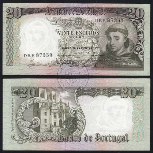 Nota de 20 Escudos 1964 Santo António, 20$00 26/05/1964 Chapa: 7 - Banco de Portugal (Pouco Circulada), Pick 167