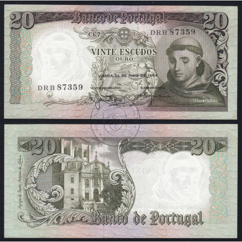 Nota de 20 Escudos 1964 Santo António, 20$00 26/05/1964 Chapa: 7 - Banco de Portugal (Pouco Circulada), Pick 167