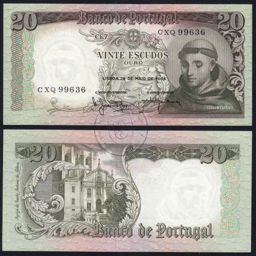 Nota de 20 Escudos 1964 Santo António, 20$00 26/05/1964 Chapa: 7 - Banco de Portugal (Pouco Circulada), Pick 167