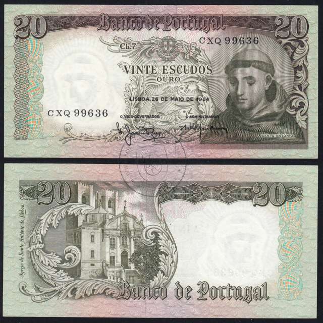 20 Escudos Banknote 1964 Saint Anthony, 20$00 26/05/1964 Plate: 7 - Bank of Portugal (Little Circulated), Pick 167