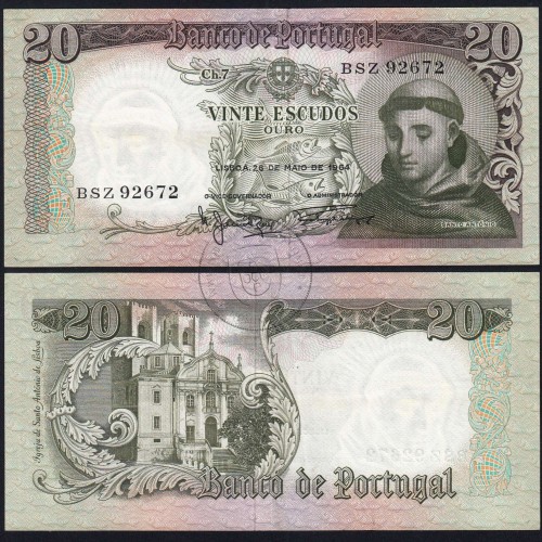 Nota de 20 Escudos 1964 Santo António, 20$00 26/05/1964 Chapa: 7 - Banco de Portugal (Circulada), Pick 167