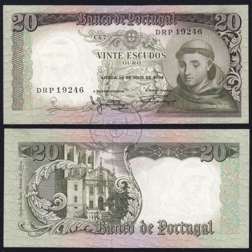 Nota de 20 Escudos 1964 Santo António, 20$00 26/05/1964 Chapa: 7 - Banco de Portugal (Pouco Circulada), Pick 167