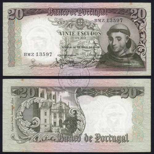Nota de 20 Escudos 1964 Santo António, 20$00 26/05/1964 Chapa: 7 - Banco de Portugal (Circulada), Pick 167