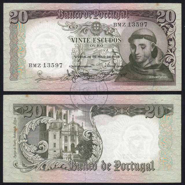 Nota de 20 Escudos 1964 Santo António, 20$00 26/05/1964 Chapa: 7 - Banco de Portugal (Circulada), Pick 167