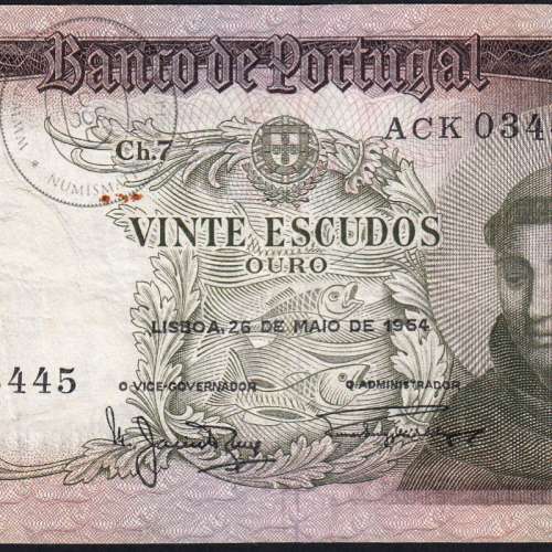 Nota de 20 Escudos 1964 Santo António, 20$00 26/05/1964 Chapa: 7 - Banco de Portugal (Circulada), Pick 167
