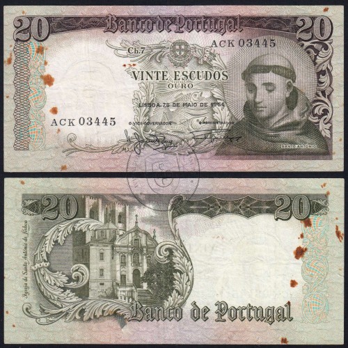 Nota de 20 Escudos 1964 Santo António, 20$00 26/05/1964 Chapa: 7 - Banco de Portugal (Circulada), Pick 167