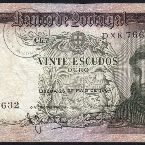 20 Escudos Banknote 1964 Saint Anthony, 20$00 26/05/1964 Plate: 7 - Bank of Portugal (Circulated), Pick 167