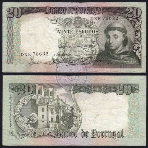 Nota de 20 Escudos 1964 Santo António, 20$00 26/05/1964 Chapa: 7 - Banco de Portugal (Circulada), Pick 167