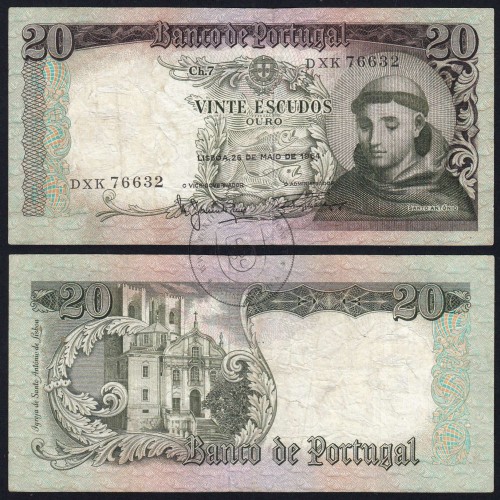 Nota de 20 Escudos 1964 Santo António, 20$00 26/05/1964 Chapa: 7 - Banco de Portugal (Circulada), Pick 167