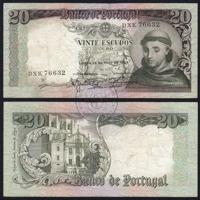 20 Escudos Banknote 1964 Saint Anthony, 20$00 26/05/1964 Plate: 7 - Bank of Portugal (Circulated), Pick 167