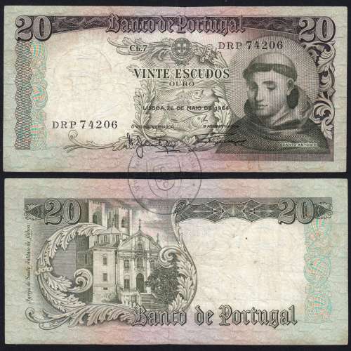 20 Escudos Banknote 1964 Saint Anthony, 20$00 26/05/1964 Plate: 7 - Bank of Portugal (Circulated), Pick 167