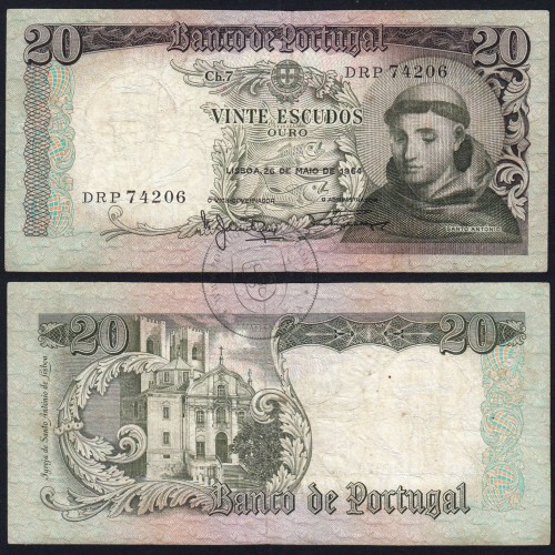 Nota de 20 Escudos 1964 Santo António, 20$00 26/05/1964 Chapa: 7 - Banco de Portugal (Circulada), Pick 167