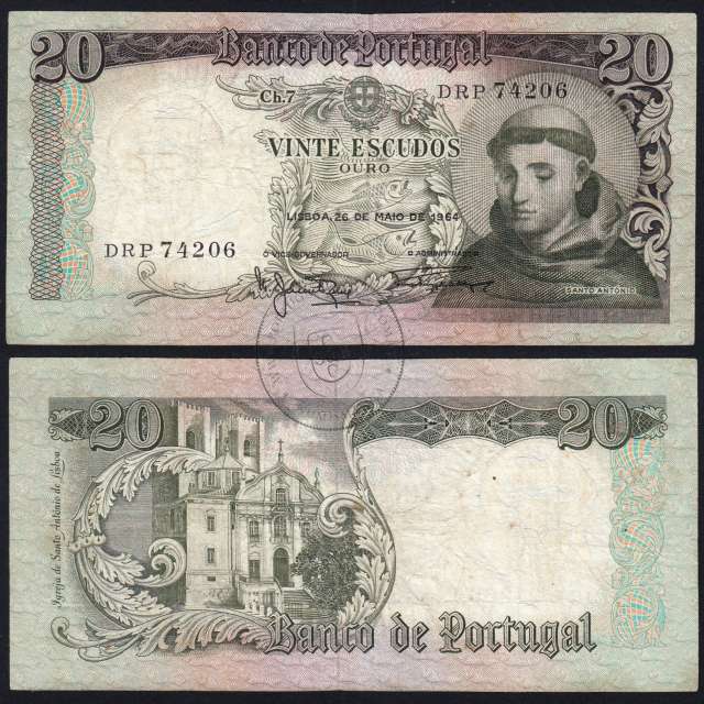 Nota de 20 Escudos 1964 Santo António, 20$00 26/05/1964 Chapa: 7 - Banco de Portugal (Circulada), Pick 167