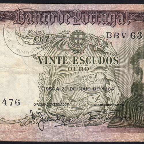 20 Escudos Banknote 1964 Saint Anthony, 20$00 26/05/1964 Plate: 7 - Bank of Portugal (Circulated), Pick 167