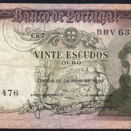 20 Escudos Banknote 1964 Saint Anthony, 20$00 26/05/1964 Plate: 7 - Bank of Portugal (Circulated), Pick 167