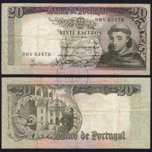 20 Escudos Banknote 1964 Saint Anthony, 20$00 26/05/1964 Plate: 7 - Bank of Portugal (Circulated), Pick 167