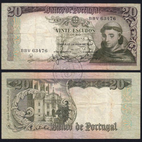 Nota de 20 Escudos 1964 Santo António, 20$00 26/05/1964 Chapa: 7 - Banco de Portugal (Circulada), Pick 167