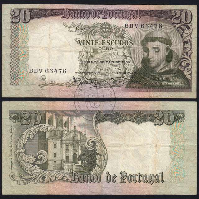 Nota de 20 Escudos 1964 Santo António, 20$00 26/05/1964 Chapa: 7 - Banco de Portugal (Circulada), Pick 167