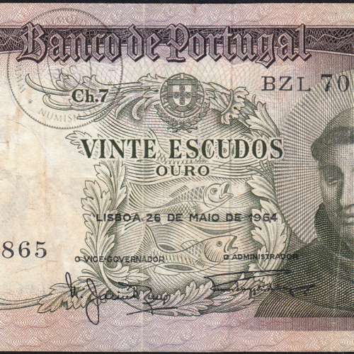 20 Escudos Banknote 1964 Saint Anthony, 20$00 26/05/1964 Plate: 7 - Bank of Portugal (Circulated), Pick 167