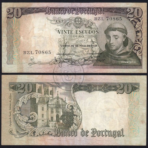 Nota de 20 Escudos 1964 Santo António, 20$00 26/05/1964 Chapa: 7 - Banco de Portugal (Circulada), Pick 167