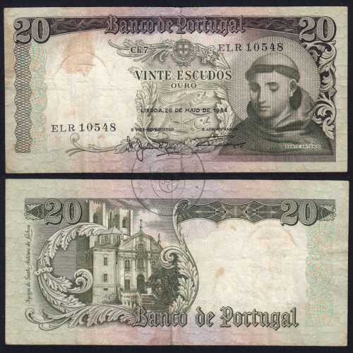 Nota de 20 Escudos 1964 Santo António, 20$00 26/05/1964 Chapa: 7 - Banco de Portugal (Circulada), Pick 167