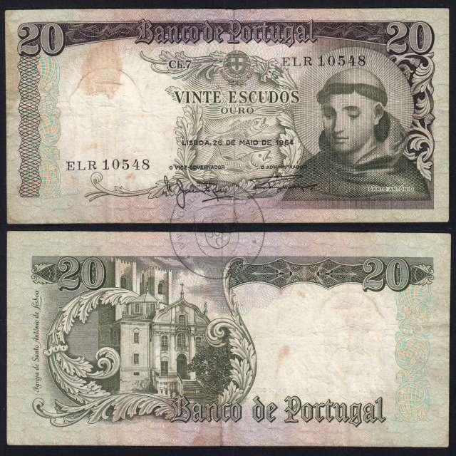 20 Escudos Banknote 1964 Saint Anthony, 20$00 26/05/1964 Plate: 7 - Bank of Portugal (Circulated), Pick 167
