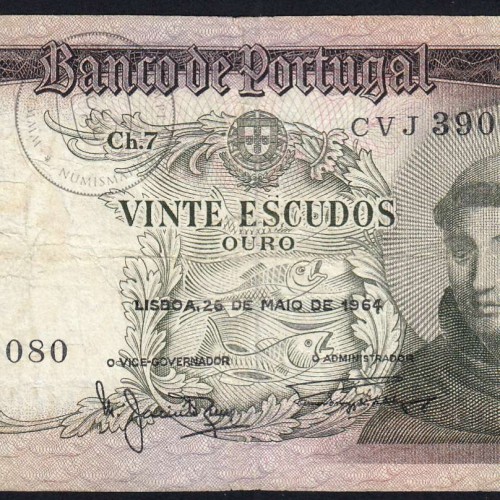 Nota de 20 Escudos 1964 Santo António, 20$00 26/05/1964 Chapa: 7 - Banco de Portugal (Circulada), Pick 167